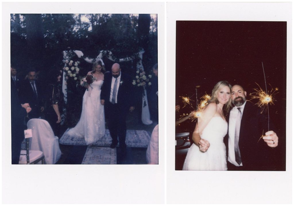Polaroid wedding photos of a couple walking down the aisle at the end of their luxe backyard wedding. At the end of the night, a Polaroid wedding photo of the couple holding sparklers