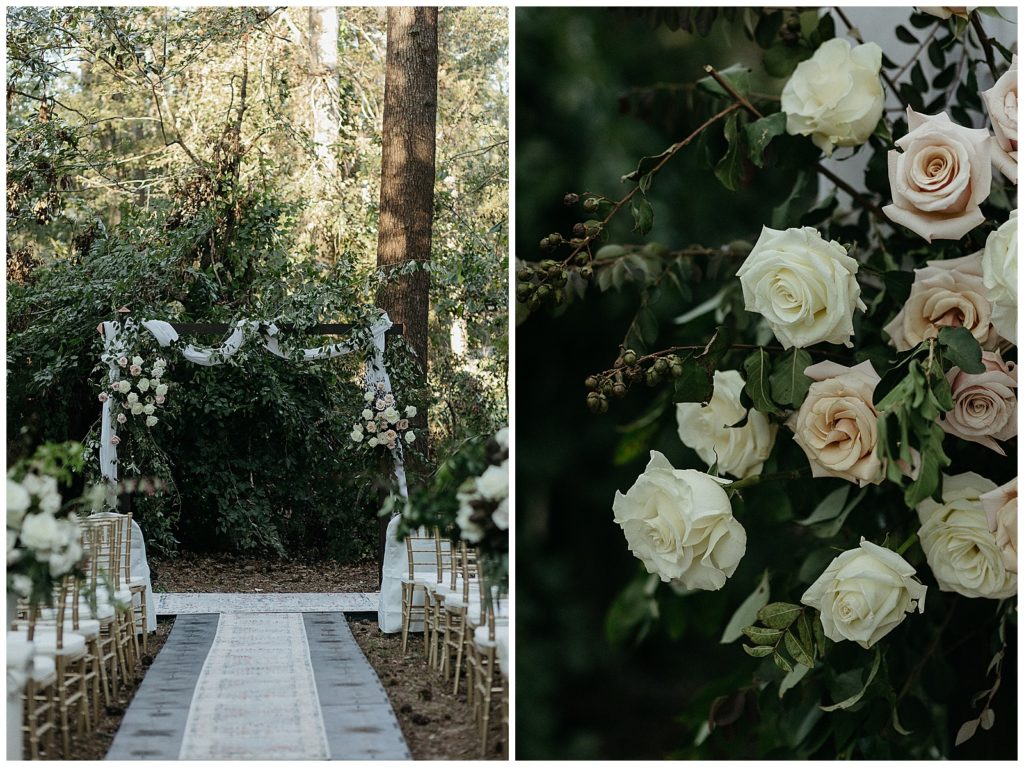 Images of a ceremony space for an intimate backyard wedding including a floral arbor