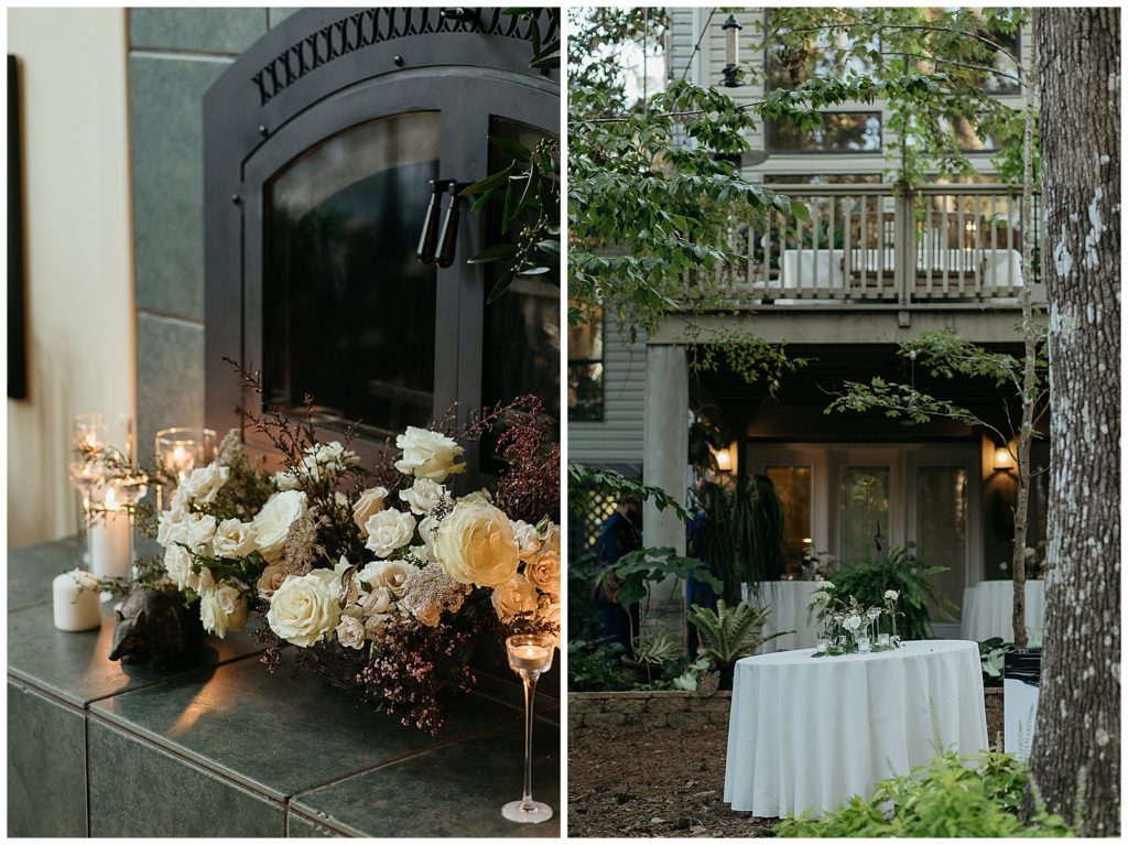 Reception details with candles and flowers at an intimate backyard wedding