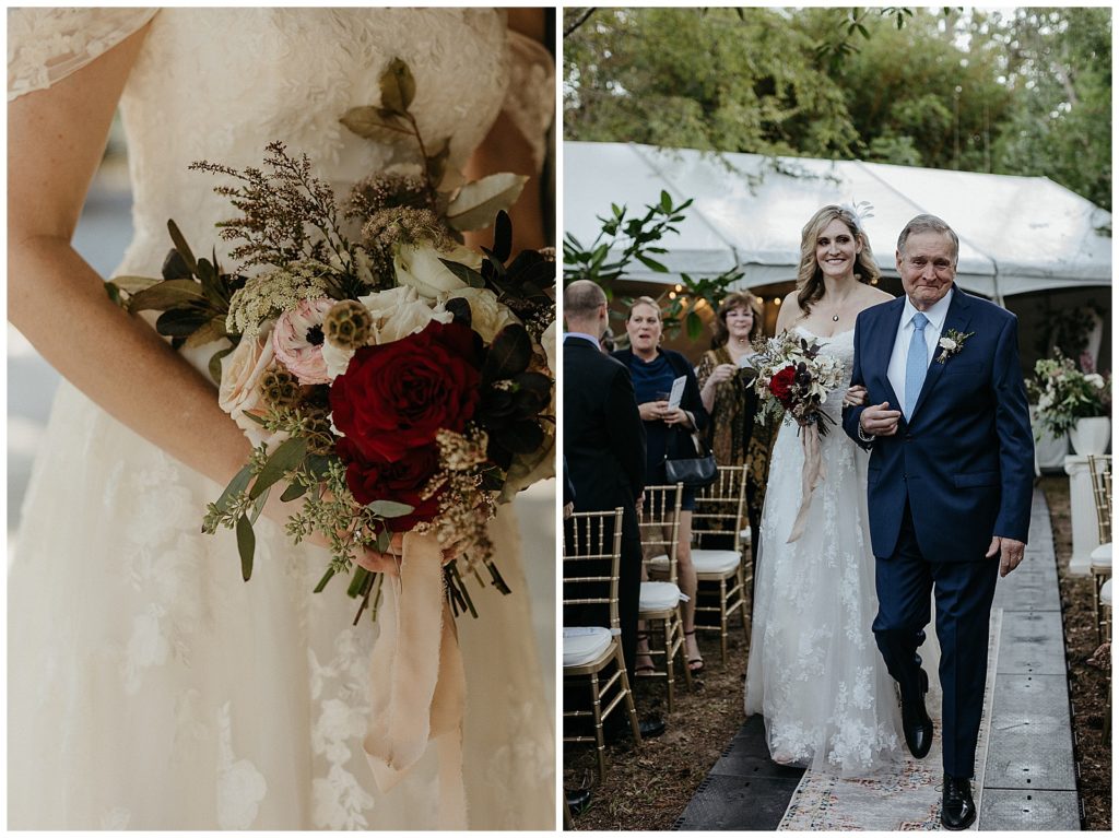 photos of a bride walking down the aisle at her intimate backyard wedding