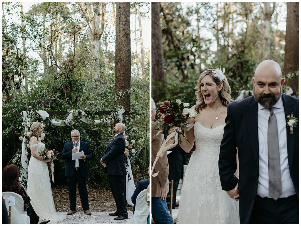Photos of an intimate backyard wedding ceremony under a floral arbor