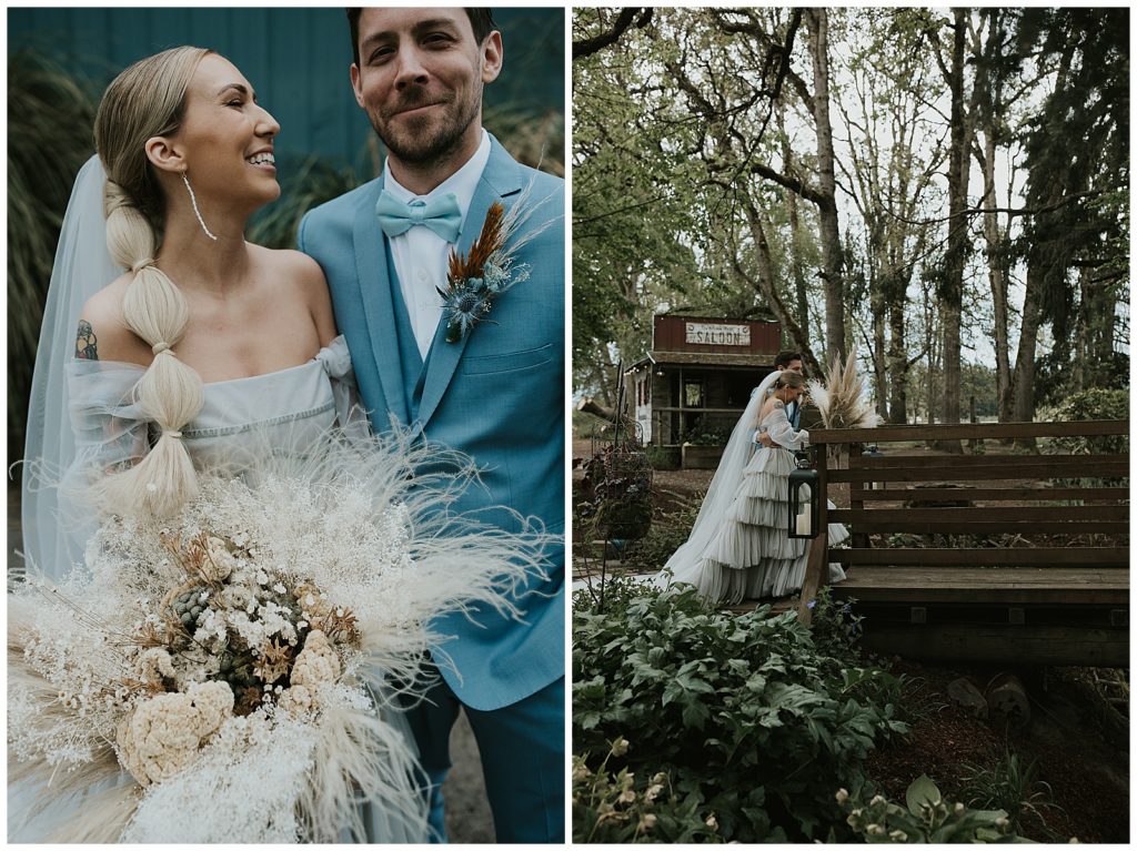 Couple poses with bouquet of grasses and flowers for wedding on Oregon coast