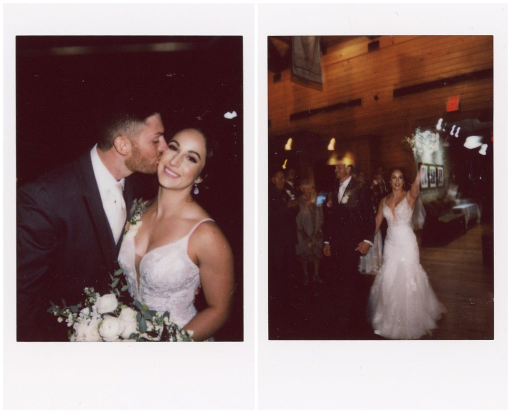 Polaroid wedding photos show moments from a wedding reception. A groom kisses his wife on the cheek in wedding photography on film.