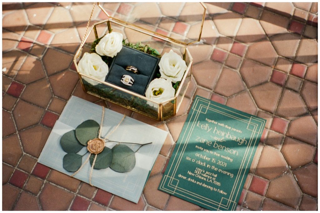 The invitation suite and rings for Rosy's Jazz Hall  wedding