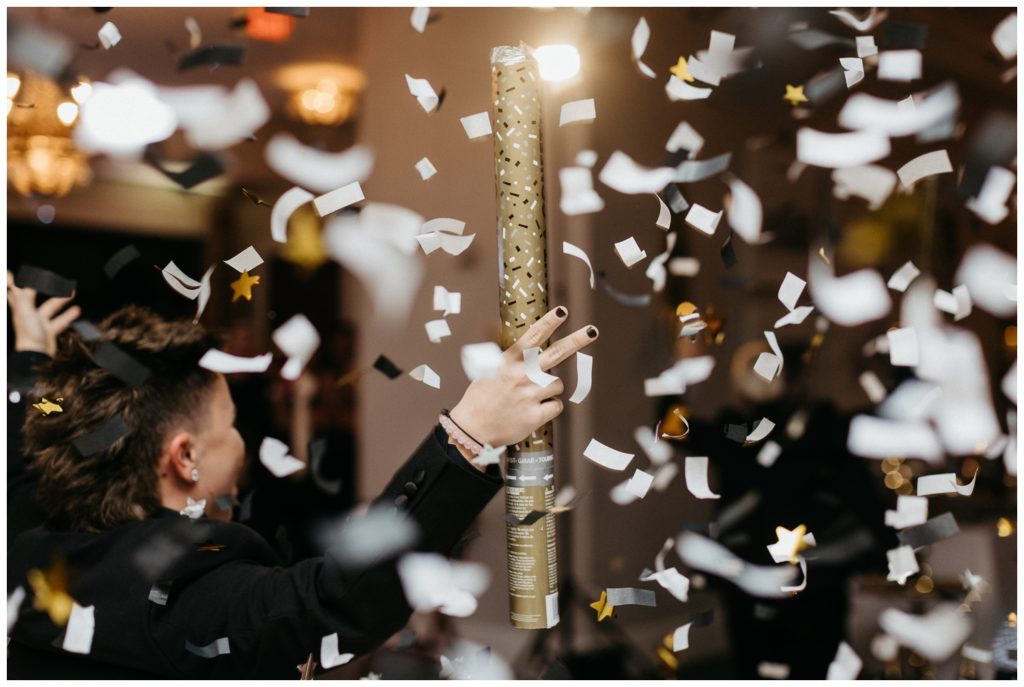 A confetti cannon at the New Orleans wedding