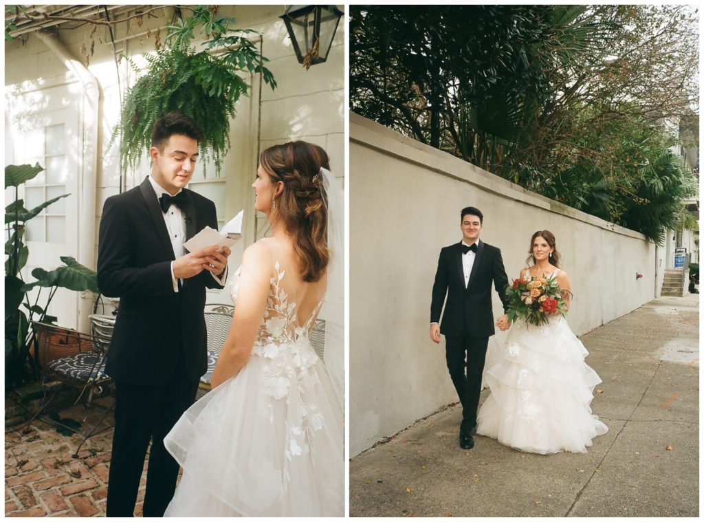 The couple walks to their Riverview Room wedding
