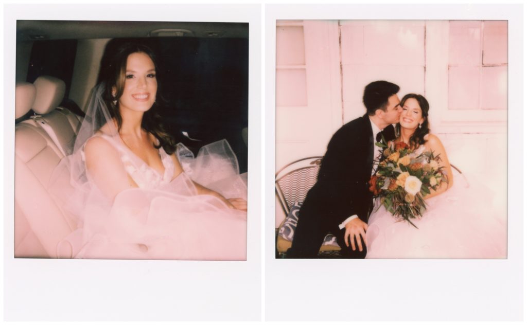Polaroid of bride in car