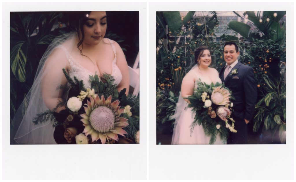 Polaroids of couple with bouquet for wedding timeline