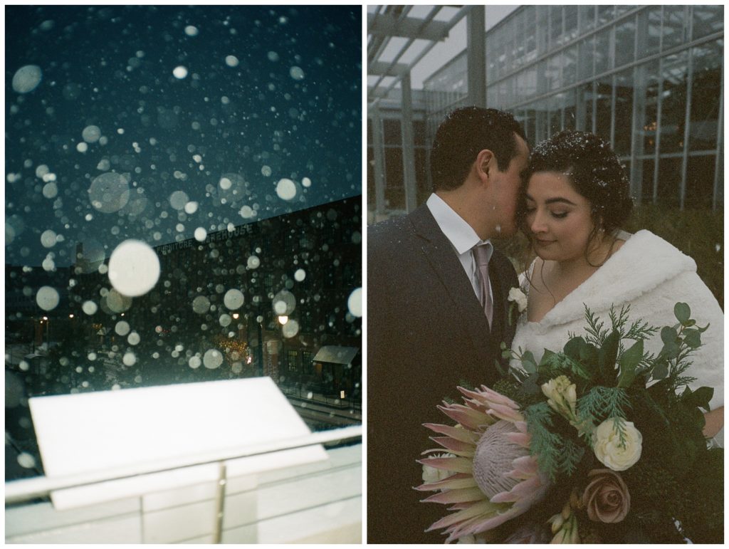 wedding photography on film of snow and bouquet