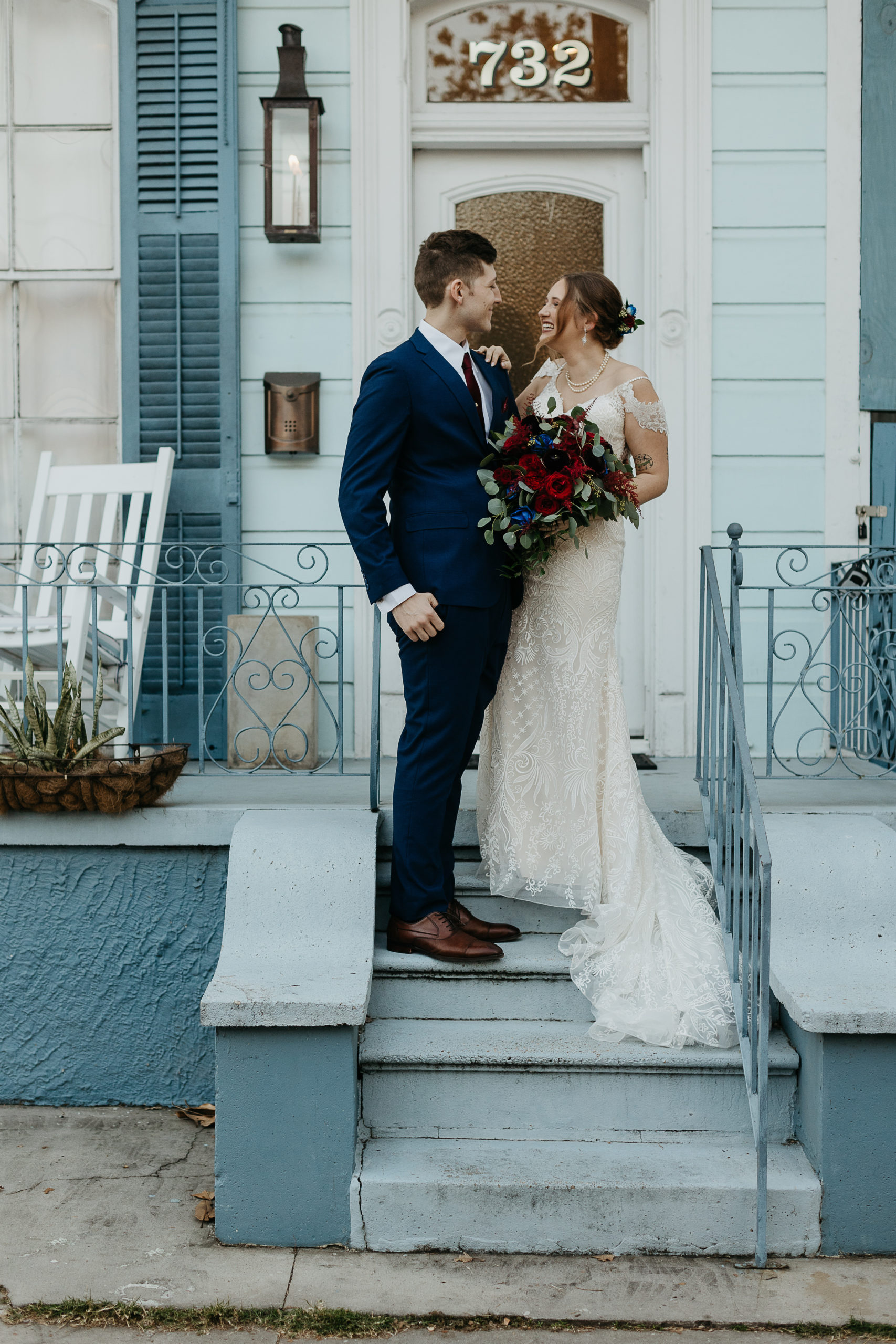 Bride and groom on porch