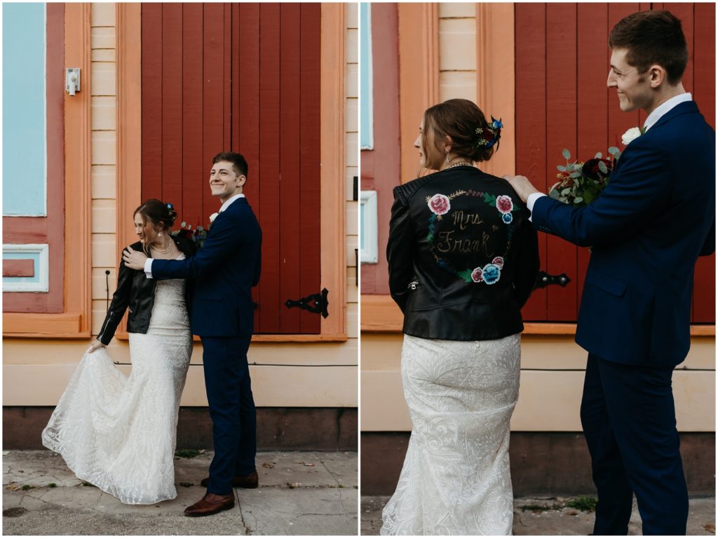 The bride dons her jacket