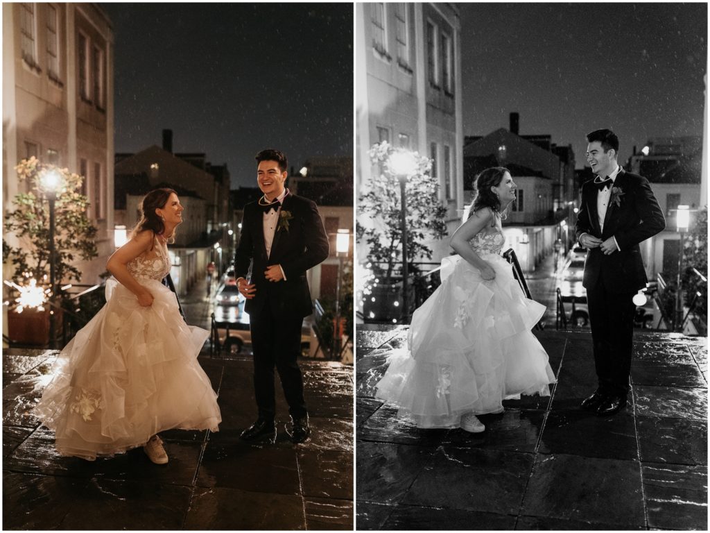 couple dancing in the rain with wedding photographer