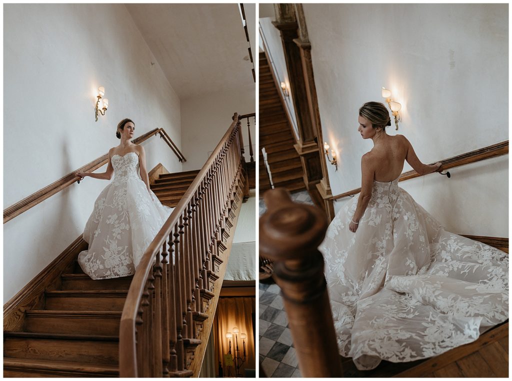 bride walks down Hotel Peter and Paul stairs