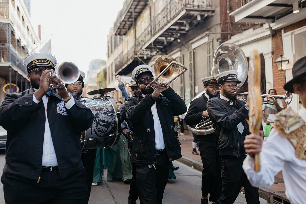 A band plays at the French Quarter wedding parade.