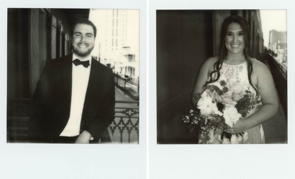 black and white polaroid of bride and groom