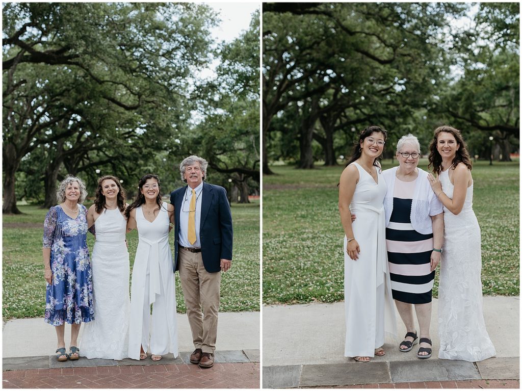 Brides pose with their parents at an Audubon Park wedding.
