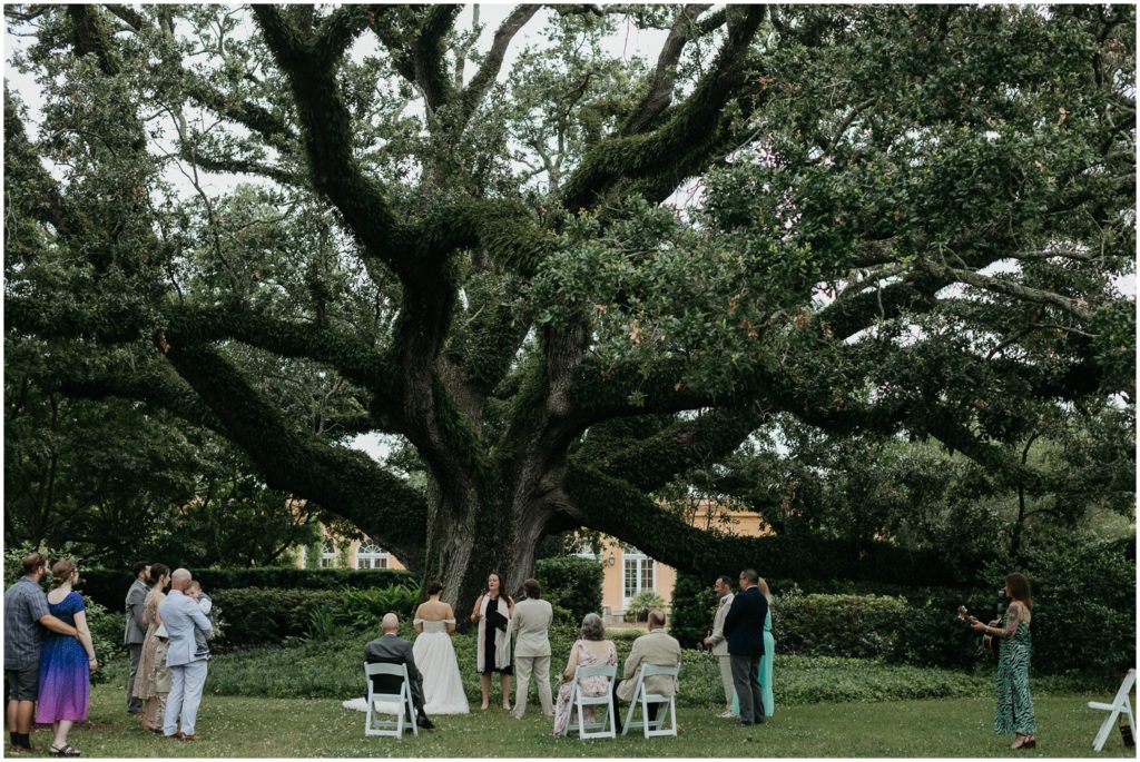 Britt and Em stand under an oak tree for their ceremony.