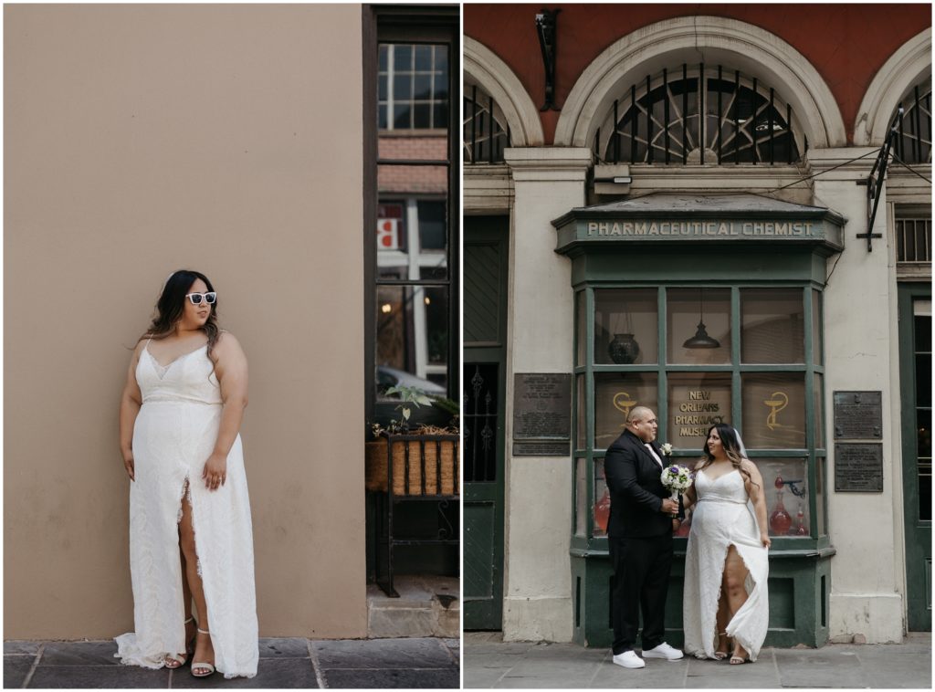 A couple walks towards their micro wedding in the French Quarter.