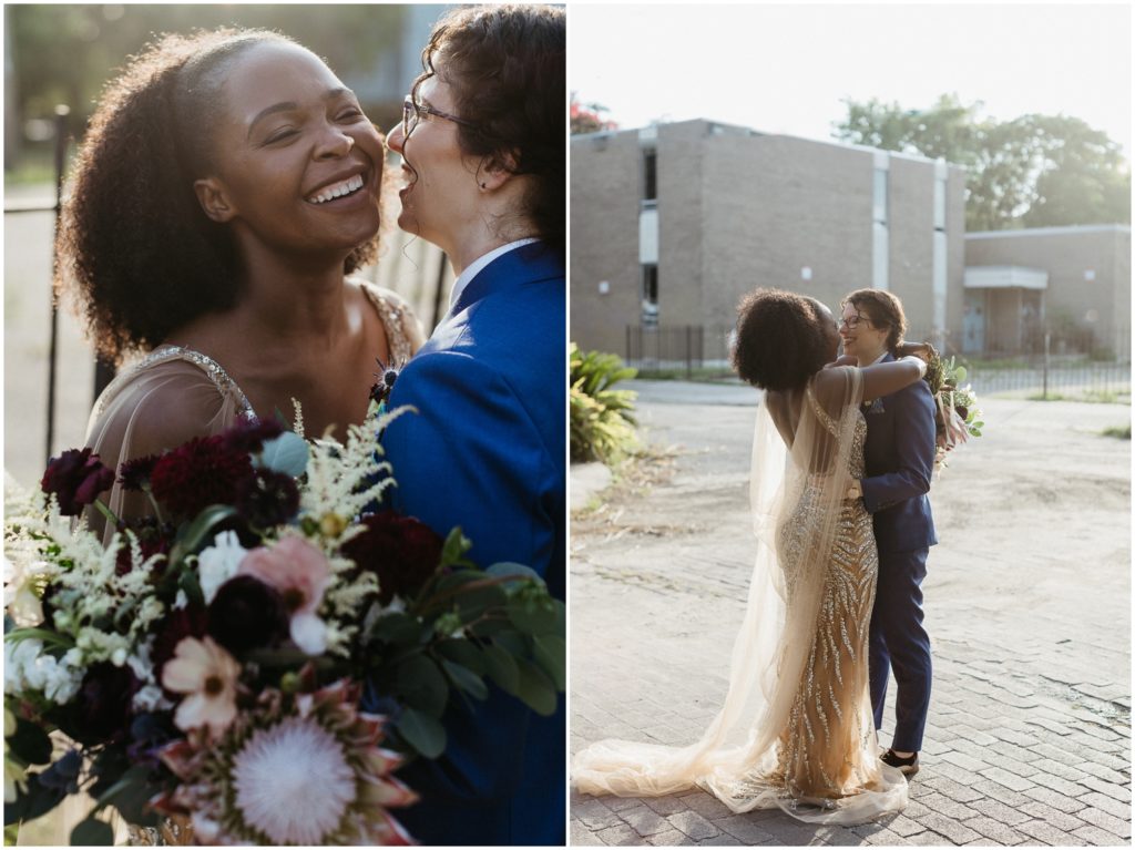 Isatu holds up her bouquet as she and Alex embrace.