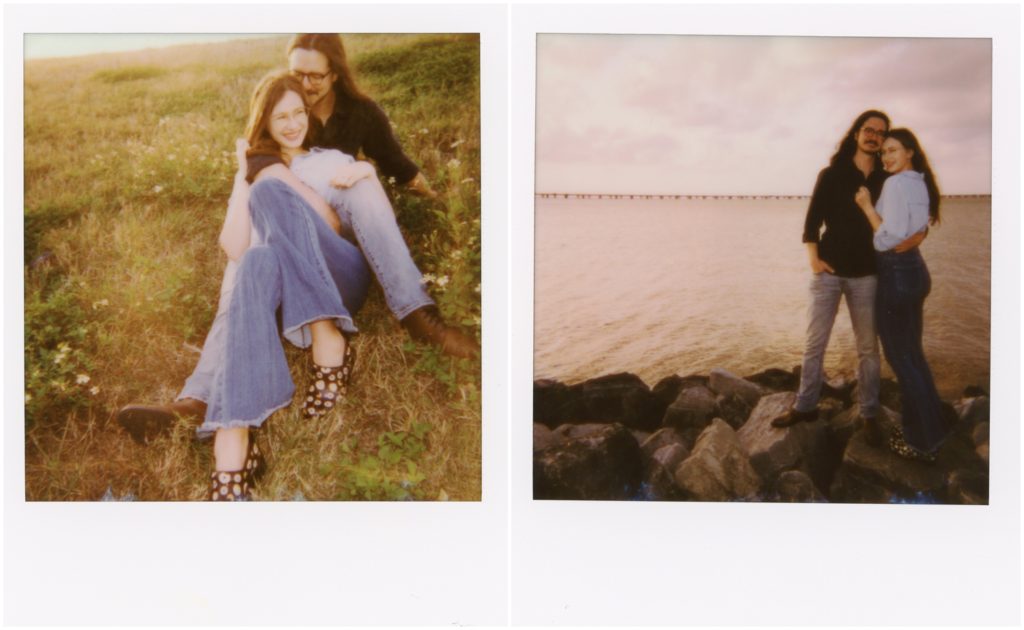 Penny and Jared sit in the grass in their Polaroid engagement photos.