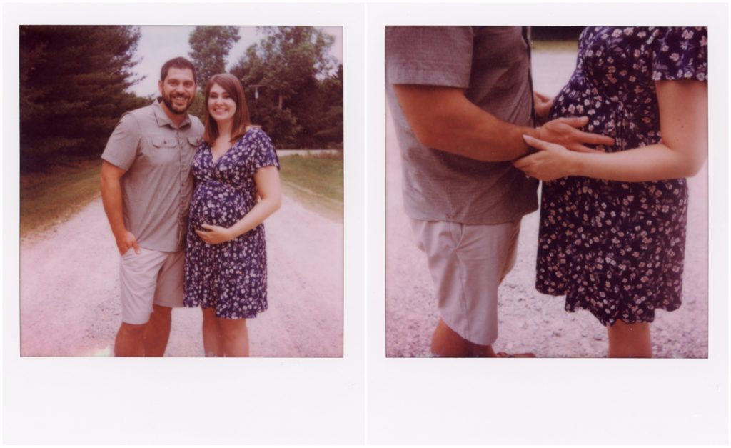 Andrew puts his arms around Stephanie's waist in Polaroid photos.