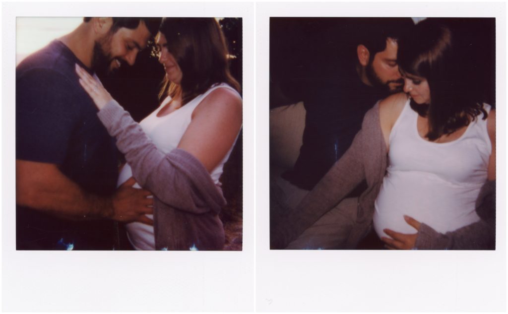 Andrew puts his arms around Stephanie in maternity photos taken with a Polaroid camera.