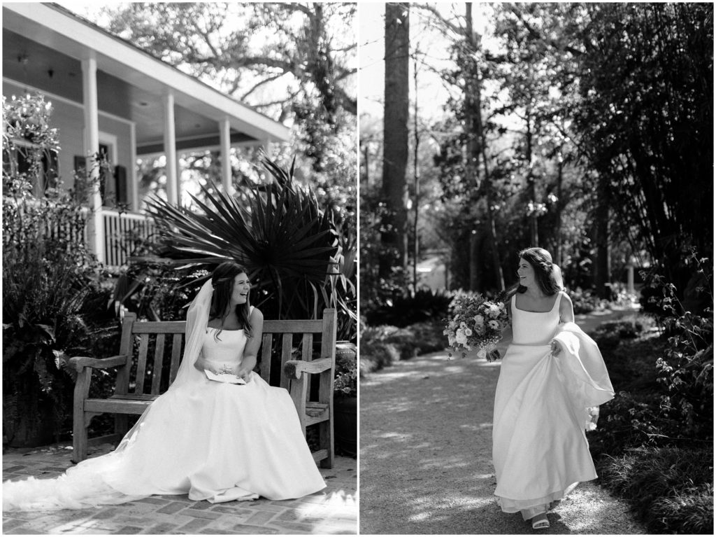 A bride sits on a bench writing her vows at her garden wedding.