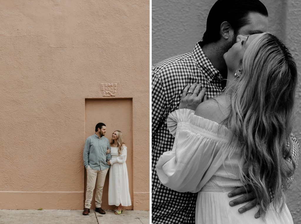 John and Patty lean against a pink French Quarter wall for their engagement photos.