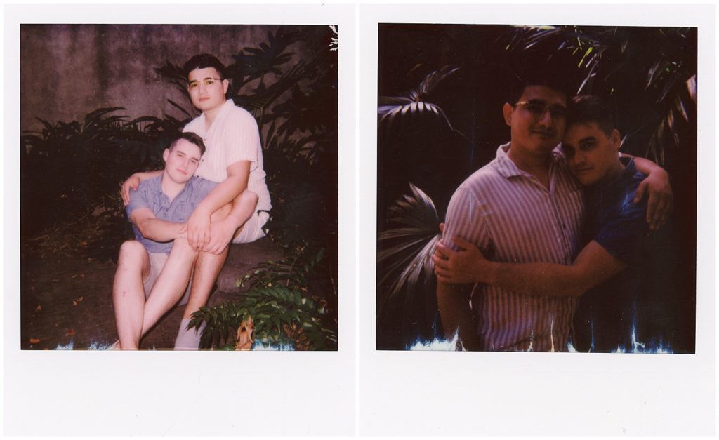 Polaroid engagement photos show a couple sitting in a courtyard.