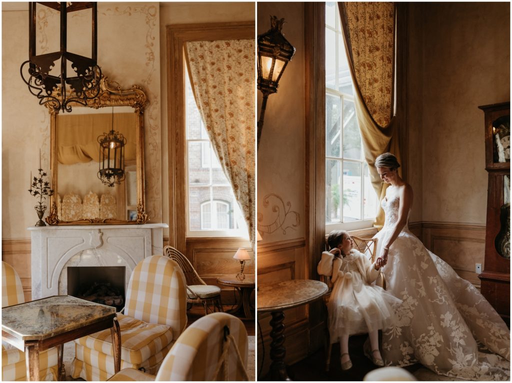 A bride stands in a Hotel Peter and Paul room decorated in hues of yellow.