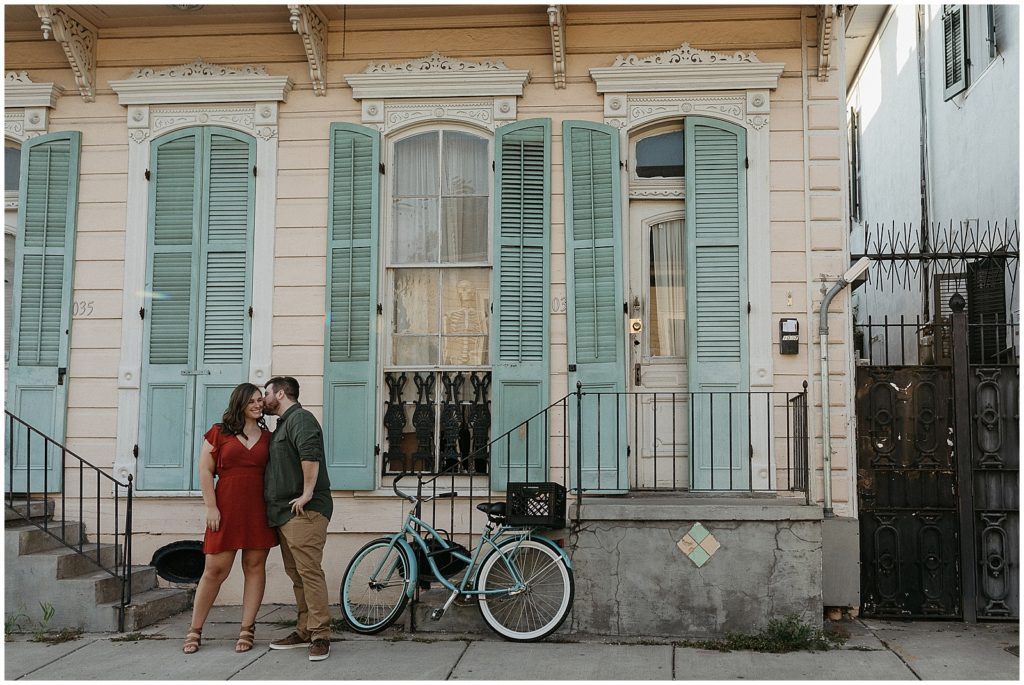 A couple poses in the French Quarter after their New Orleans proposal.