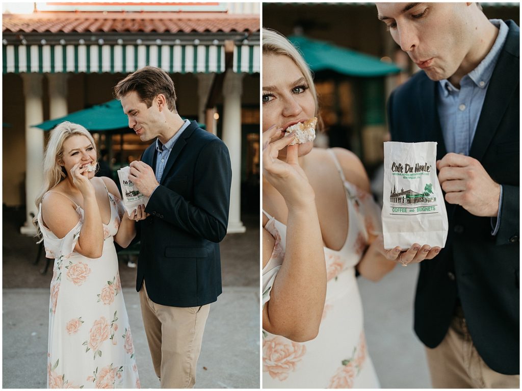 A newly engaged couple shares beignets in the French Quarter.