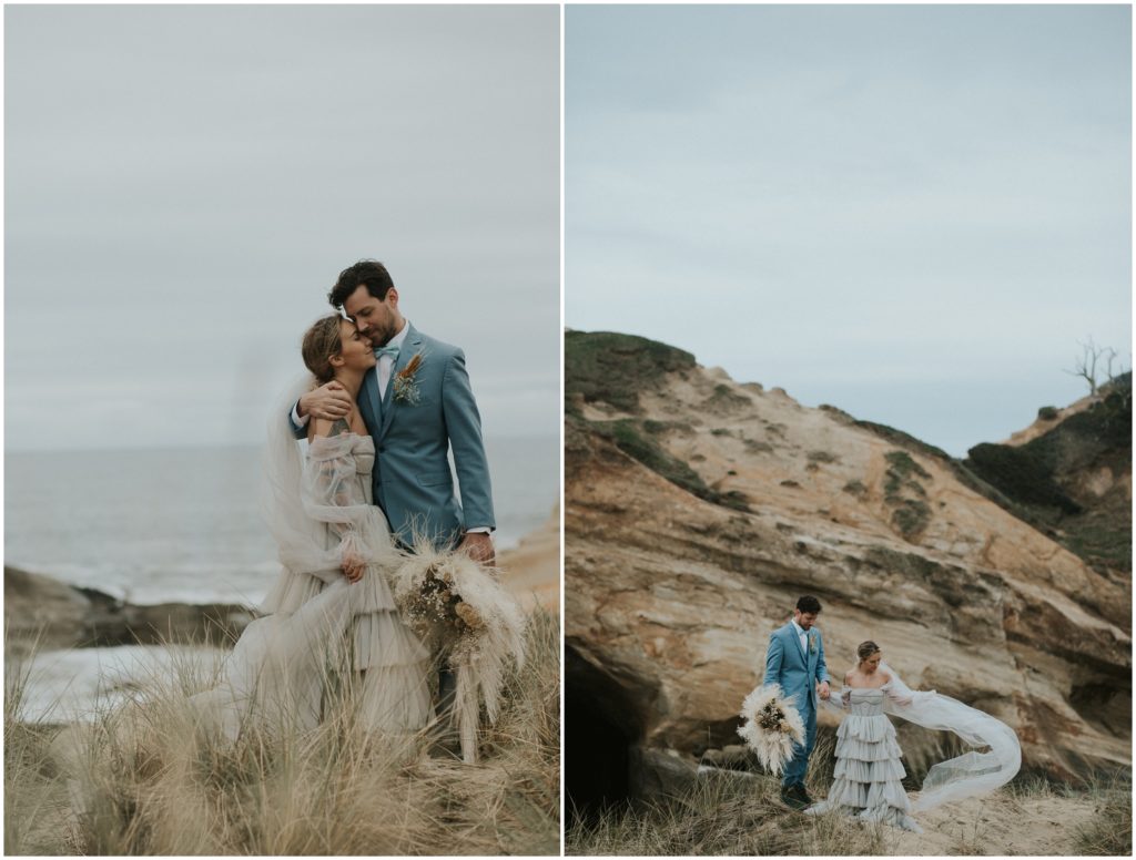 Holly and Steve stand close on top of a dune at their Cape Kiwanda wedding.