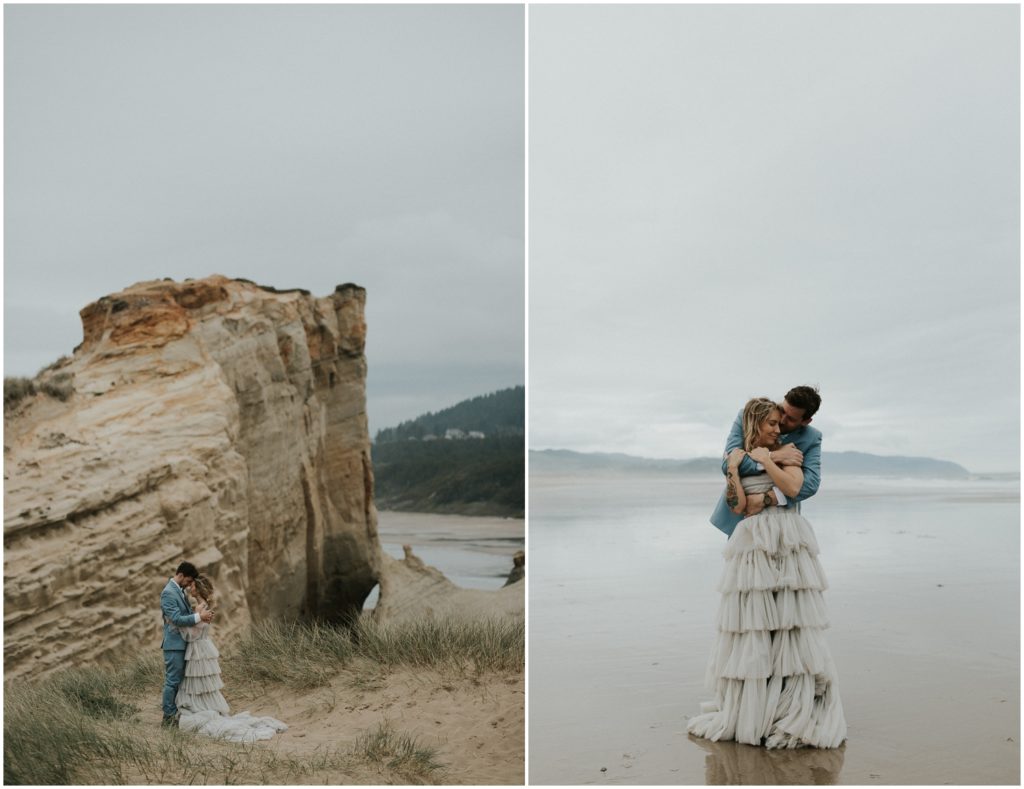 A couple explores Cape Kiwanda's shore during their Oregon Coast elopement.