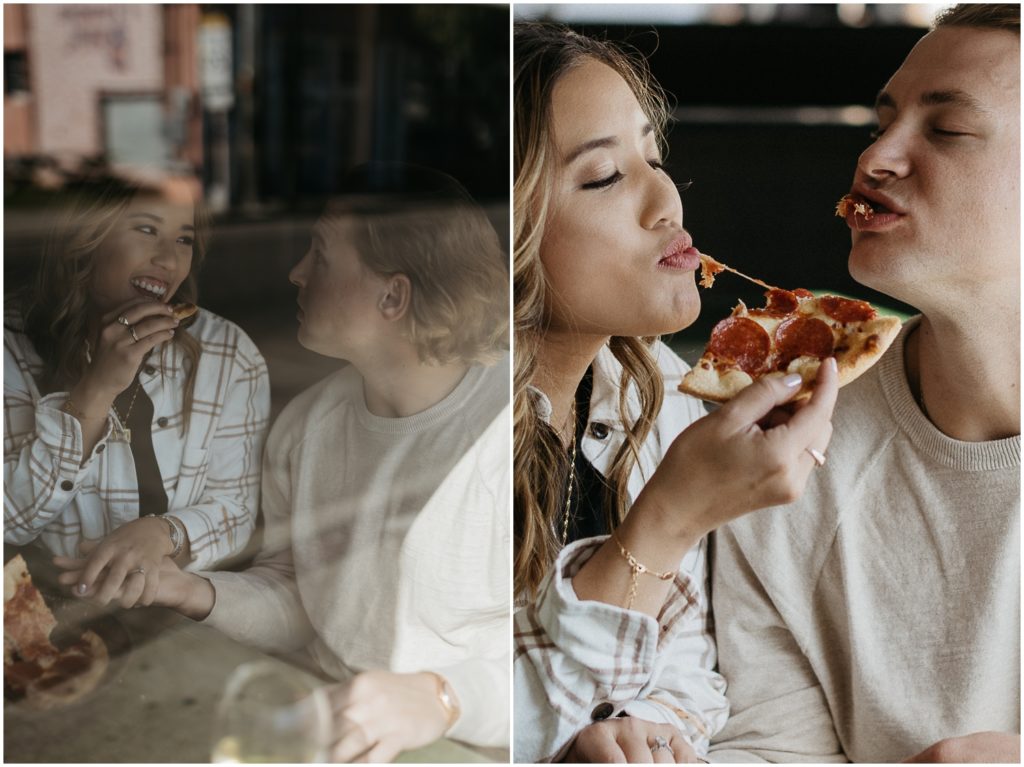 Jeannie and Jacob share a slice of pepperoni pizza in their New Orleans engagement photos.