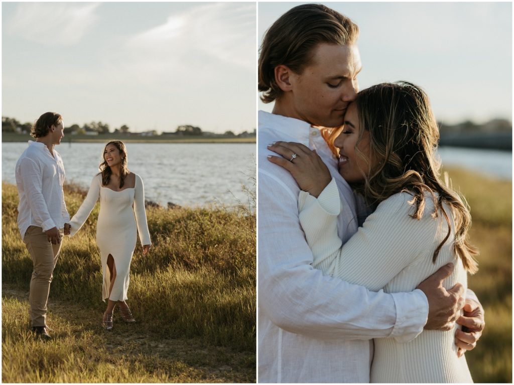 Jacob kisses Jeannie's forehead in the sunset engagement photos.