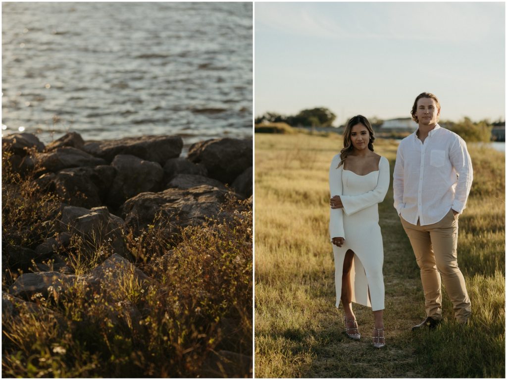 A couple dressed in white poses for sunset engagement photos by a New Orleans lake.