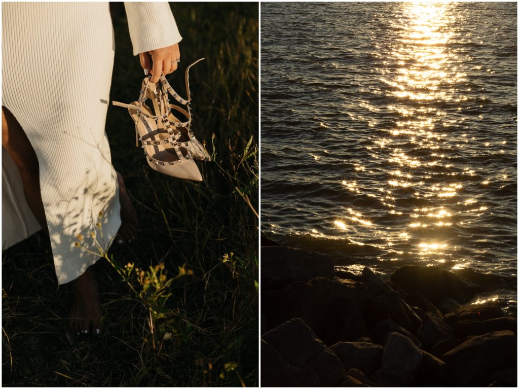 The sunset casts shadows from wildflowers on Jeannie's white engagement dress.