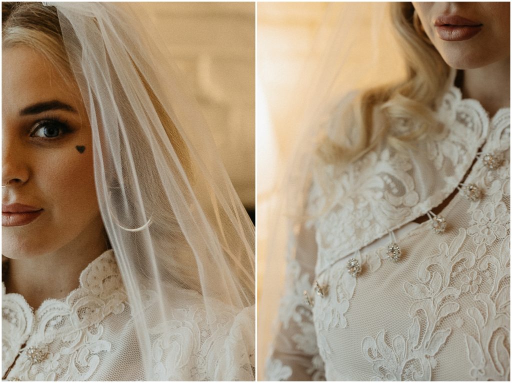 Details of a lace wedding dress include a high color and buttons.