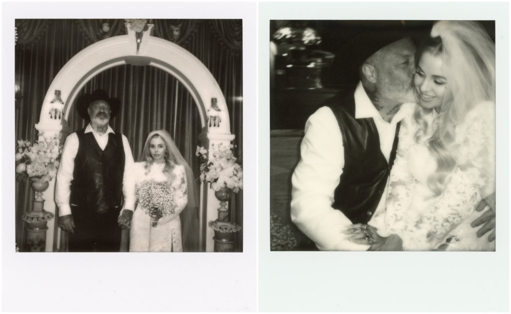 Black and white Polaroids show a couple standing under a white arch at the French Quarter Wedding Chapel.