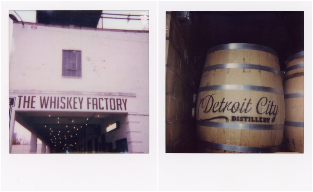 Polaroid wedding photos show barrels for Detroit City Distillery.