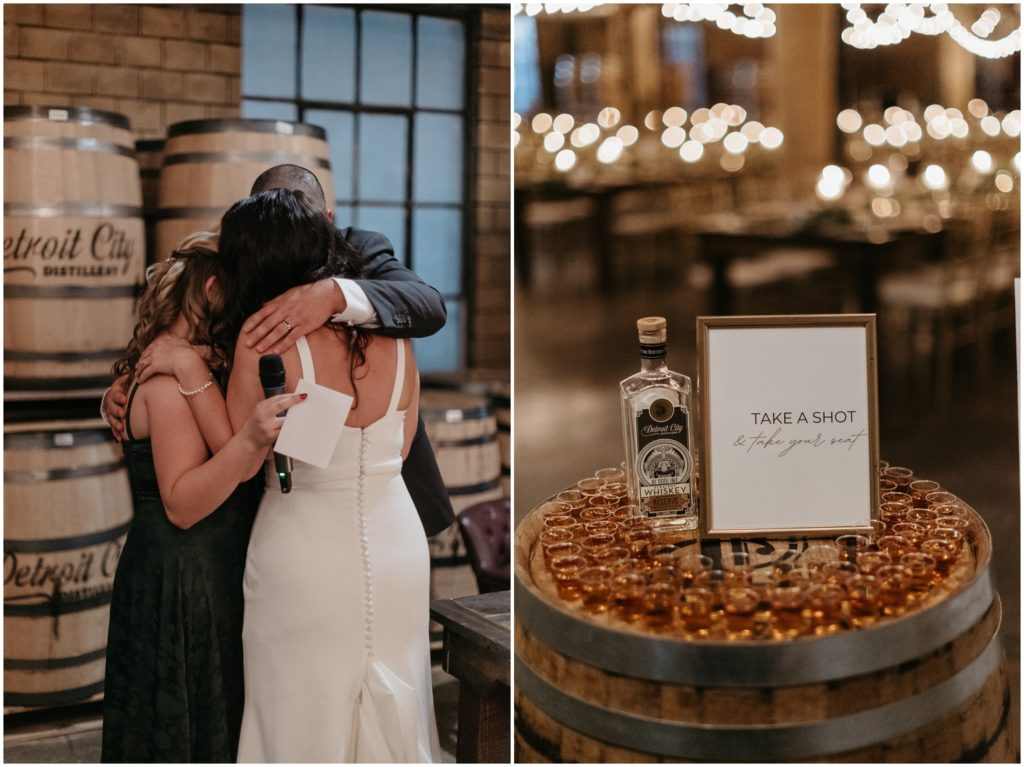 Whisky shots sit on a barrel for wedding guests in a Detroit wedding venue.