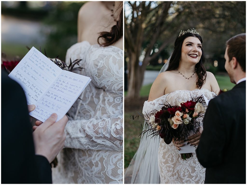 Hallie laughs as Conor reads his wedding vows.