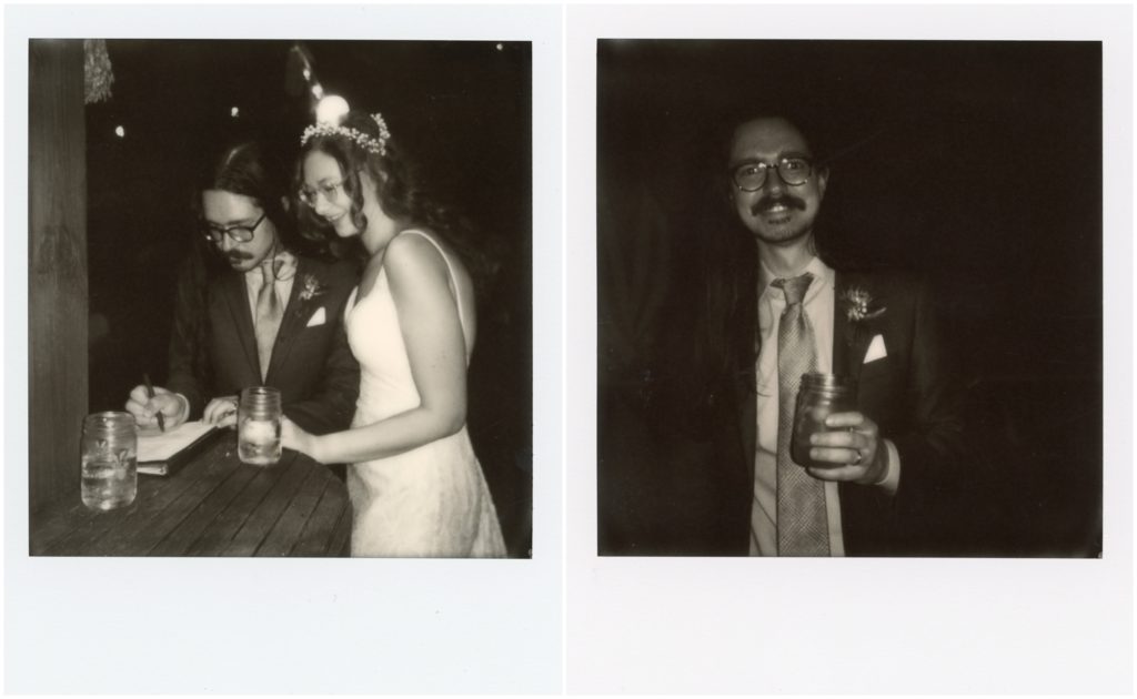 Jared poses for a Polaroid wedding photo.