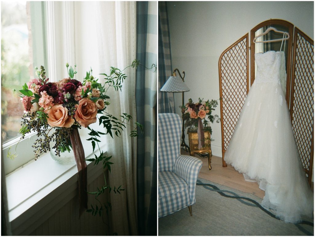 A bridal bouquet sits in a sunny window in Hotel Peter and Paul in New Orleans.