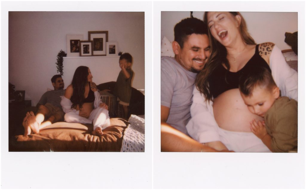 Polaroid photos show the family laughing and jumping on the bed.