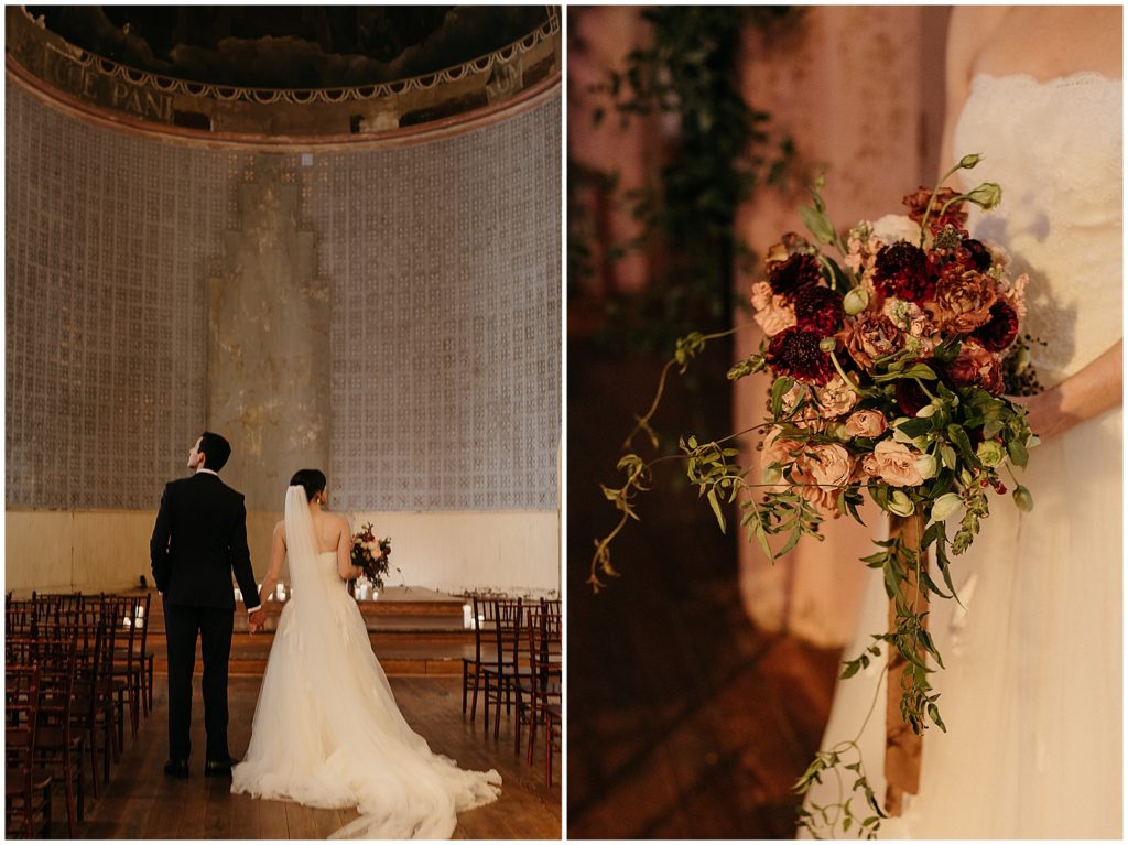 Mary and Steven look around the sanctuary decorated with winter wedding inspiration.