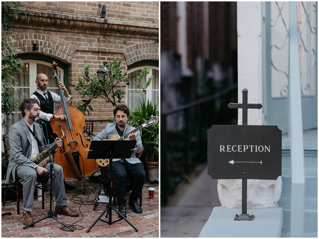 A jazz trio plays in a courtyard during a New Orleans wedding cocktail hour.