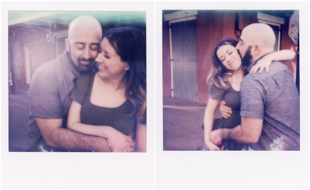 Polaroid engagement photos show Omar kissing Anastasia on the cheek.