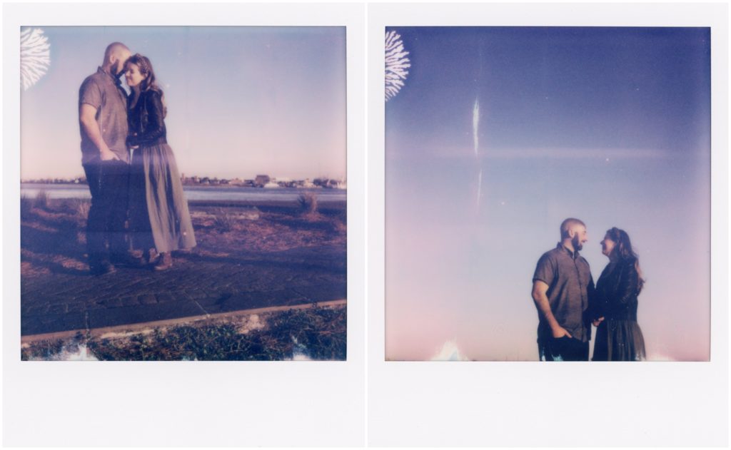 Polaroid photos show an engaged couple standing on the New Orleans levee at sunset.